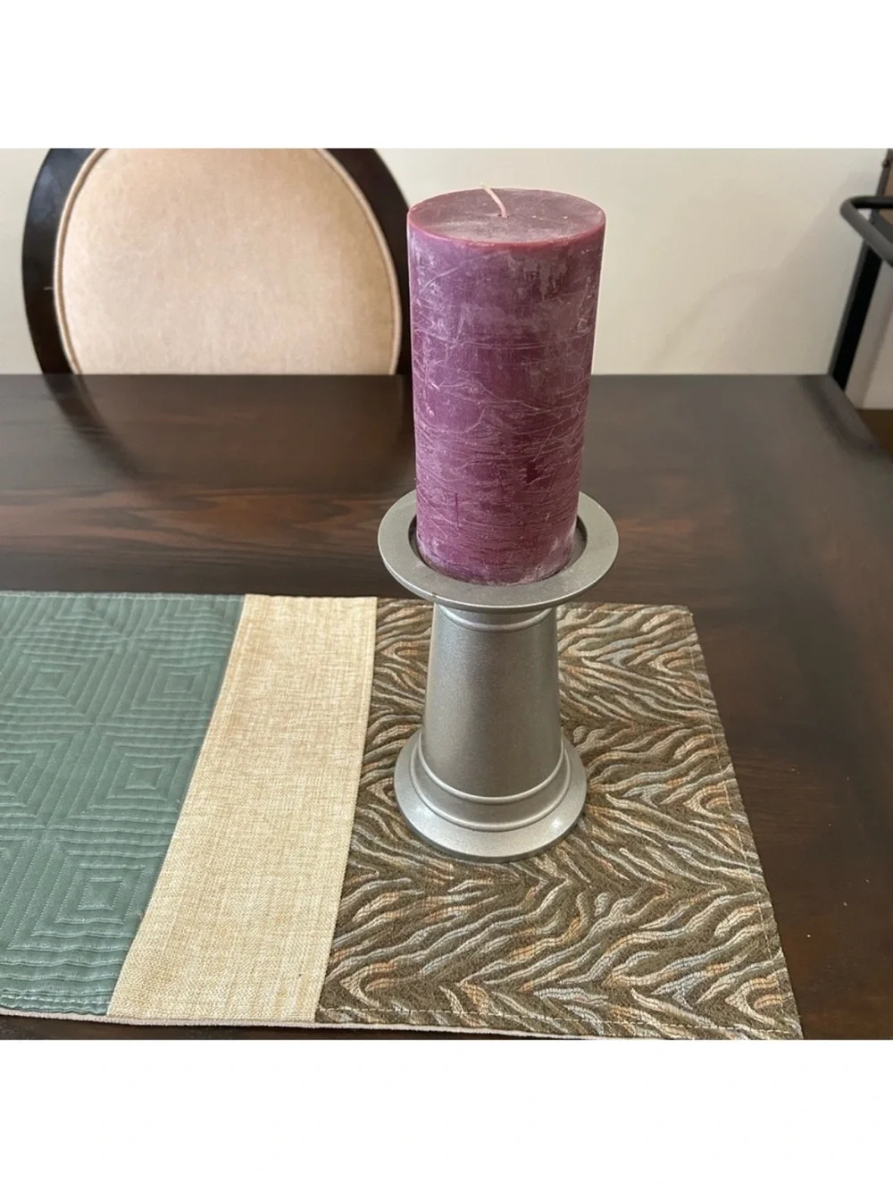 Pottery Barn Plum Pillar Candle with Silver Holder